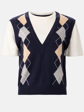 Sandro Navy Argyle V-Neck Sweater Vest with Beige and Light Gray Diamonds